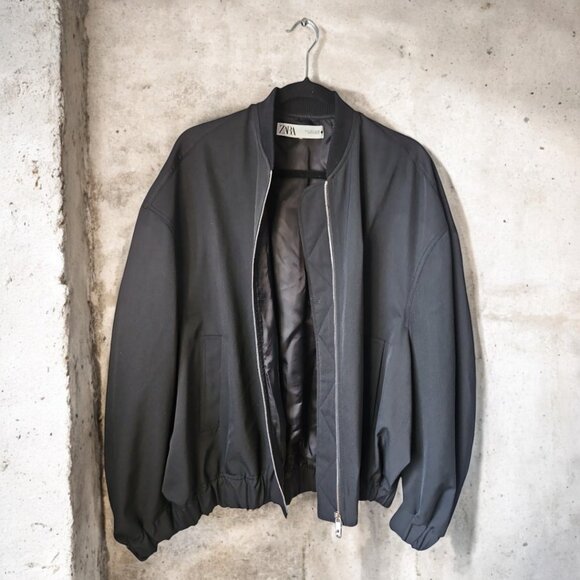 Zara Oversized Wool Bomber Black Jacket - Picture 3 of 7